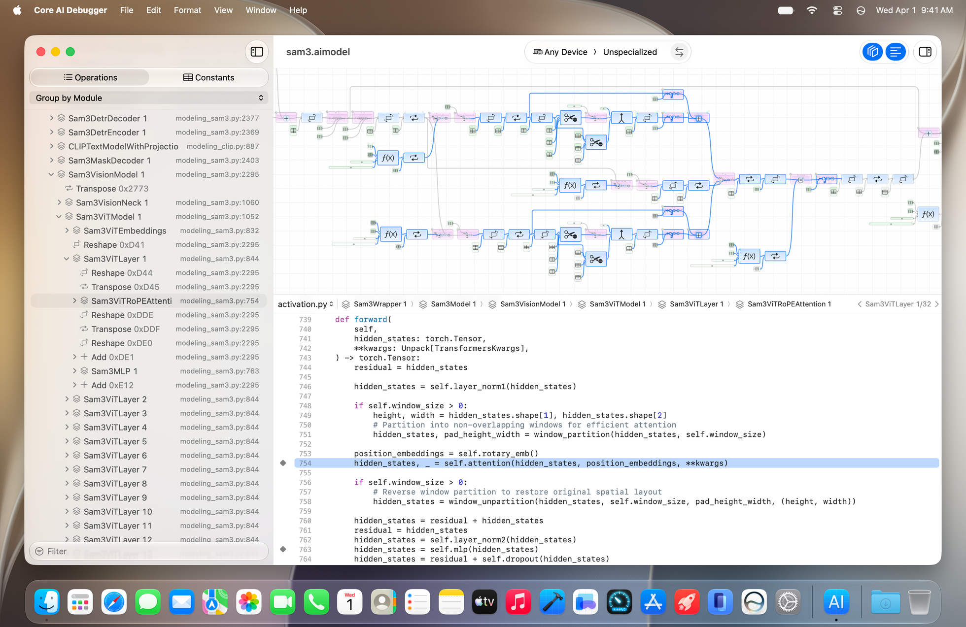 Core AI Debugger interface showing a model graph and code editor on macOS.