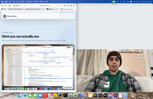 Demo of hand gestures controlling a web browser, shown next to the live camera feed.