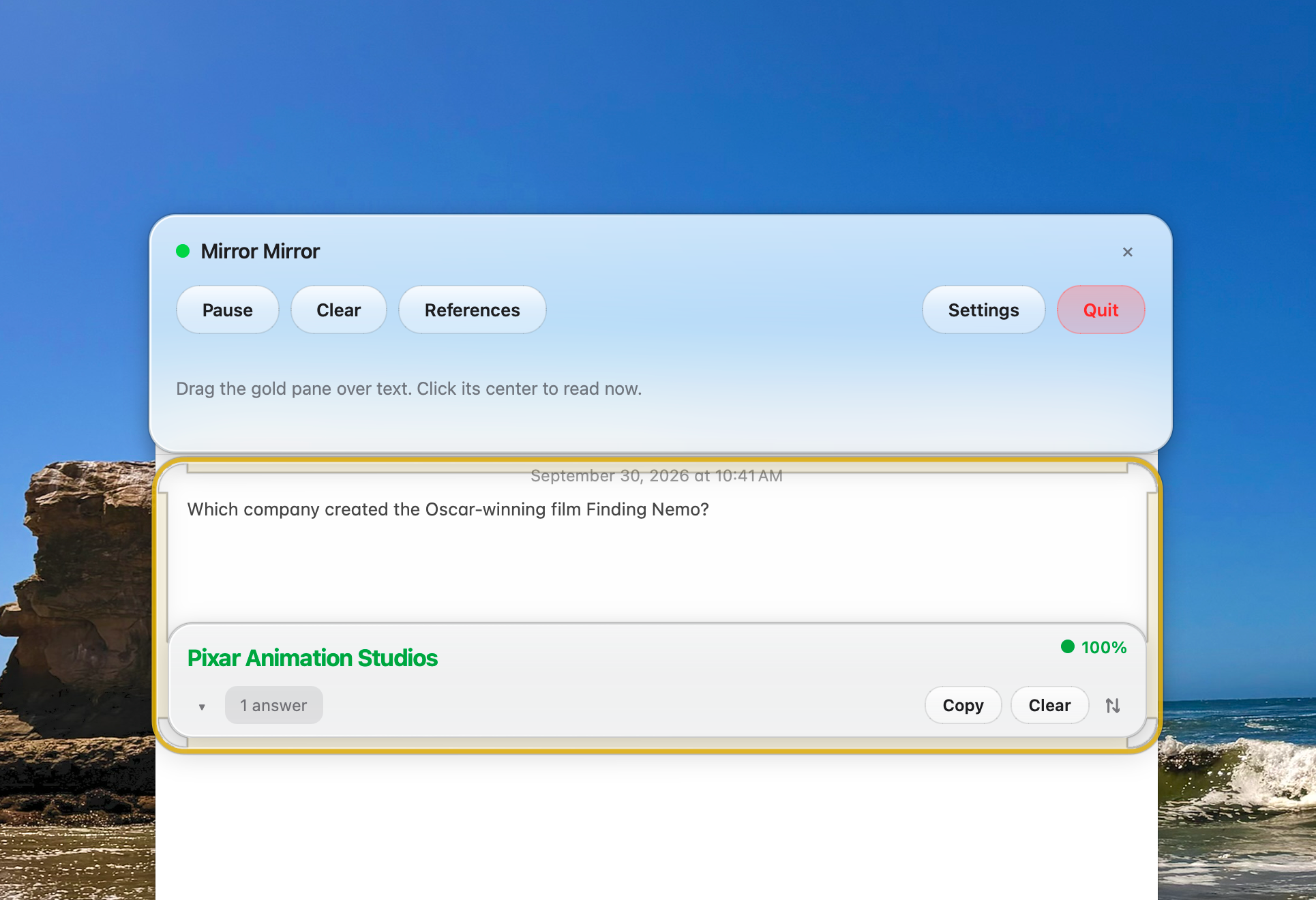 MirrorMirror desktop app screenshot showing OCR overlay and answer panel.